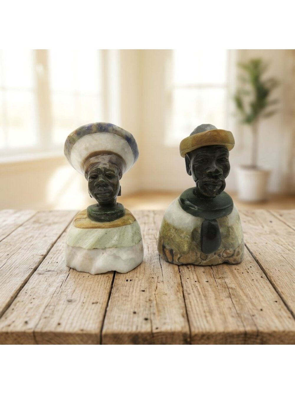 Small Stone Bust Set Colourful Hand Carved in South Africa 3.5" and 3.1"